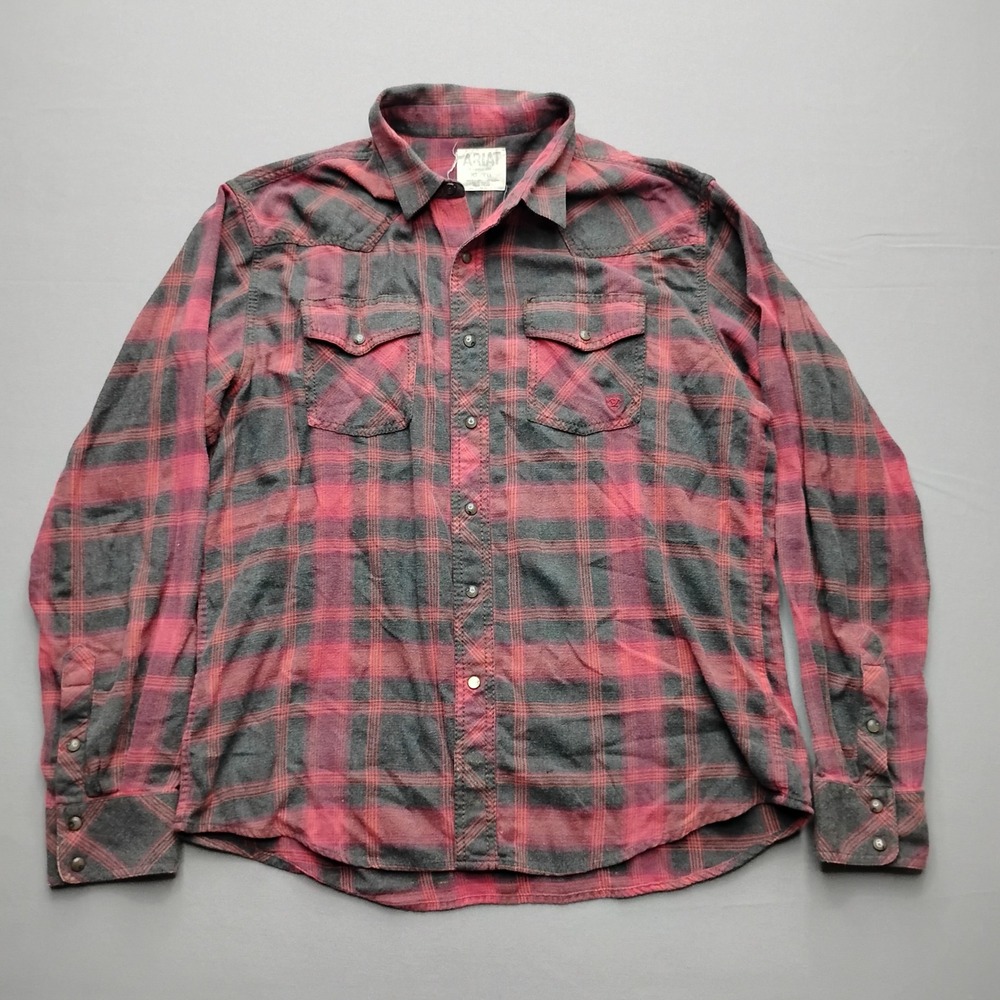 Ariat Retro Fit Mens XL Red Gray Plaid Flannel Snap Front Western Shirt 4166